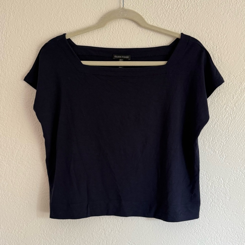 Eileen Fisher Womens Medium Navy Blue Square Neck Cap Sleeve Shirt Boxy Crop
